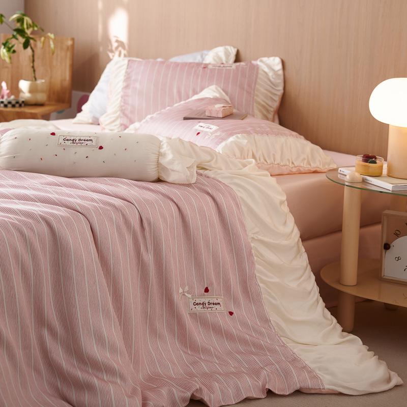 French Princess 60s Tencel Embroidery 4-Piece Bedding Set with Ice Silk Fitted Sheet and Bed Skirt 1.2m Flat Sheet 3-Piece Set