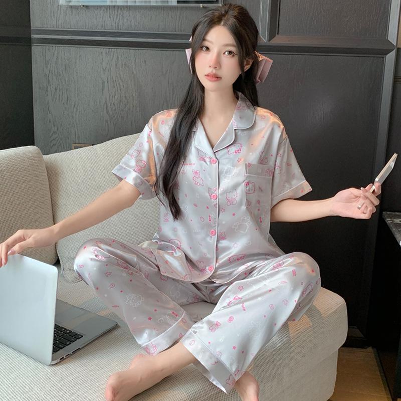 Light Luxury Summer Popular Ice Silk Thin Short-Sleeved Trousers Floral High-End Loungewear Set