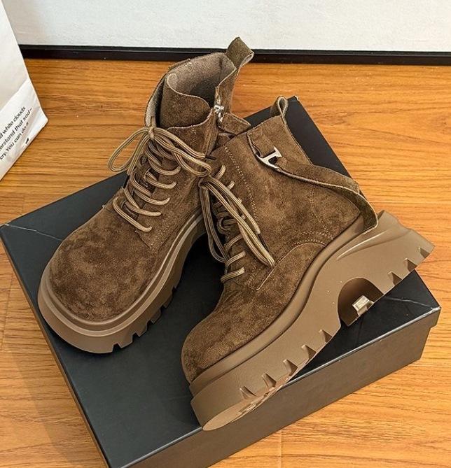 Side zipper short boots 2025 autumn new retro locomotive boots small thick sole heightening lace-up Martin boots women