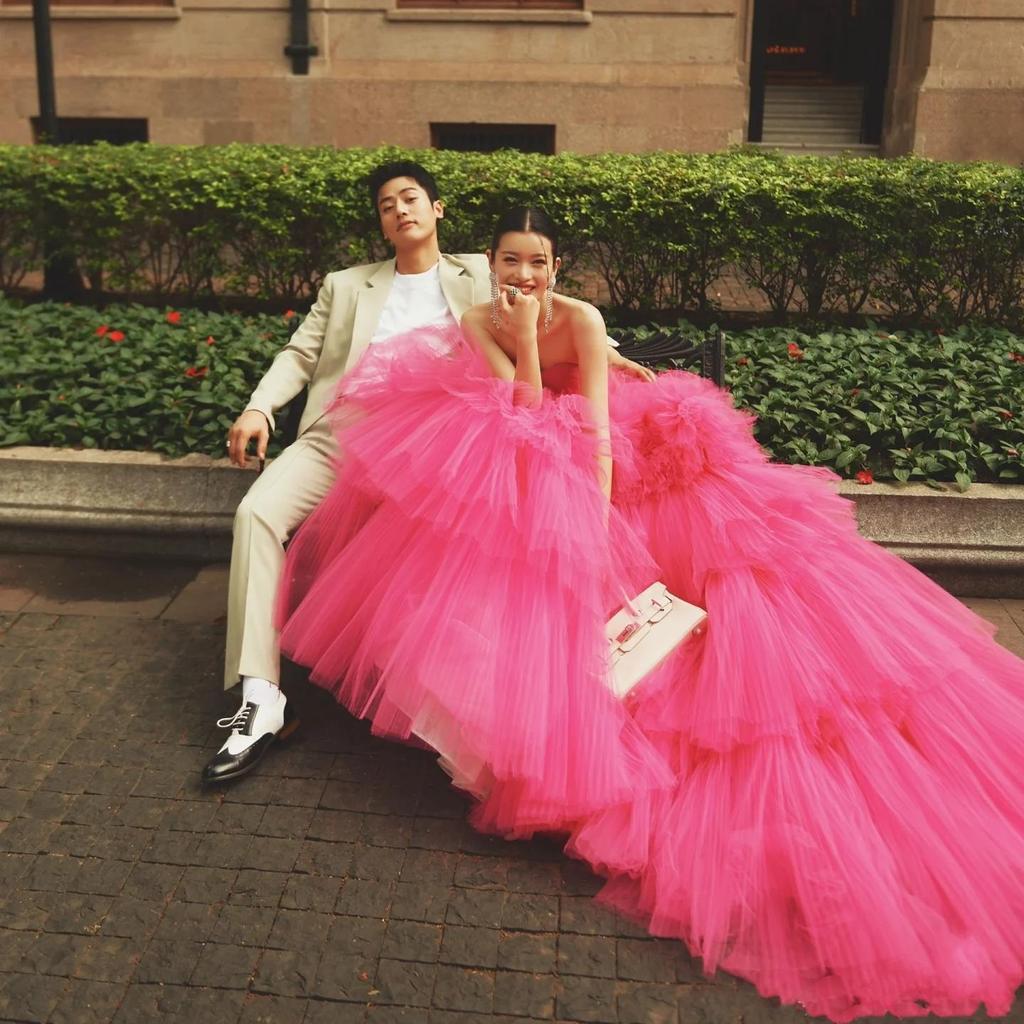 Svatební šaty nové těžký průmysl cestovní fotografie nevěsta růžová tylová sukně dortová sukně