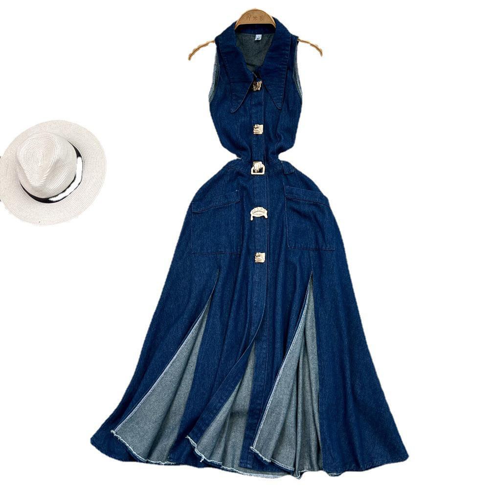 Retro Sleeveless A-Line Denim Dress with Turn-Down Collar and Cutout Waist
