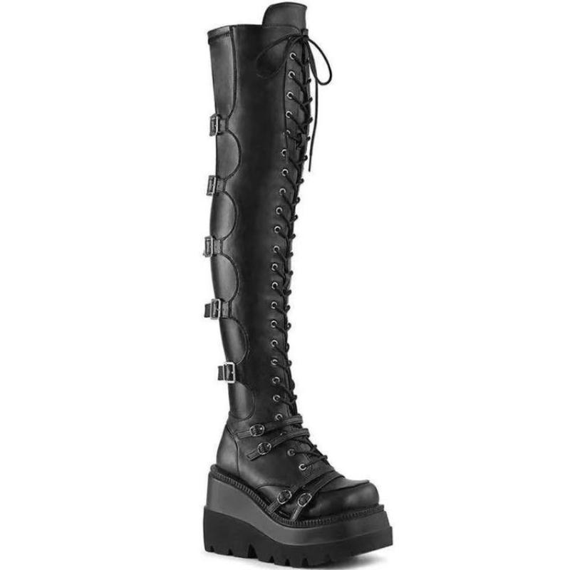 Botas de Otoño e Invierno para Mujer con Suela Gruesa de 9,5 cm y Tacones Inclinados Botas por Encima de la Rodilla Botas Oscuras y Elegantes Talla Grande 35-43