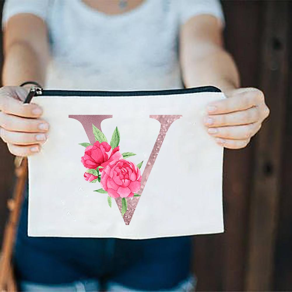 Pink Flowers Alphabet A-Z White Canvas Makeup Bags Zipper Cosmetic Pouch Ladies Casual Fashion Storage Organizer Make Up Bag