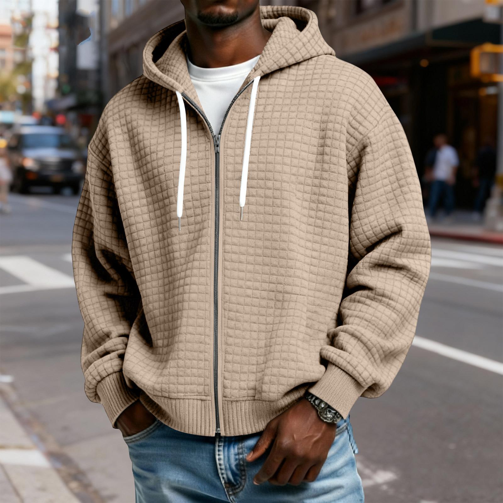 

Men s Zip-Up Hooded Plaid Jacket- Drawstring Casual Sports Sweatshirt M хакі