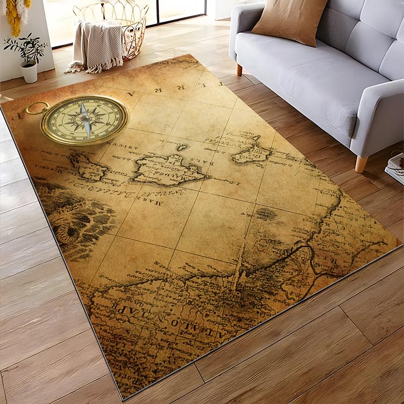 Vintage Compass and Antique Map Design Rug, Non-slip rug suitable for living room and bedroom sofas sofas