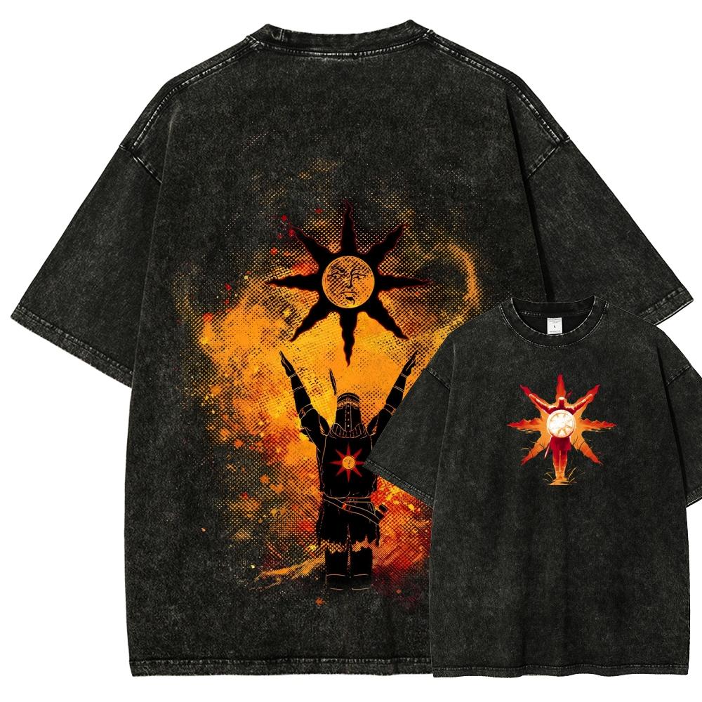 Hot Sale Action Game Peripherals Dark Souls Graphic Print T-shirt Men Women Loose Casual Oversized Vintage Washed O-neck Cotton Top Summer New Tee