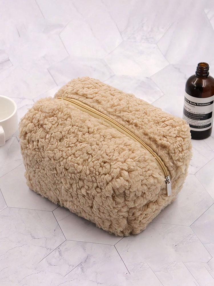1PC Lambskin Cosmetic Bag, Cream-colored Portable Skin Care Product Storage Bag, Fresh and Clean Cosmetics Zipper Bag