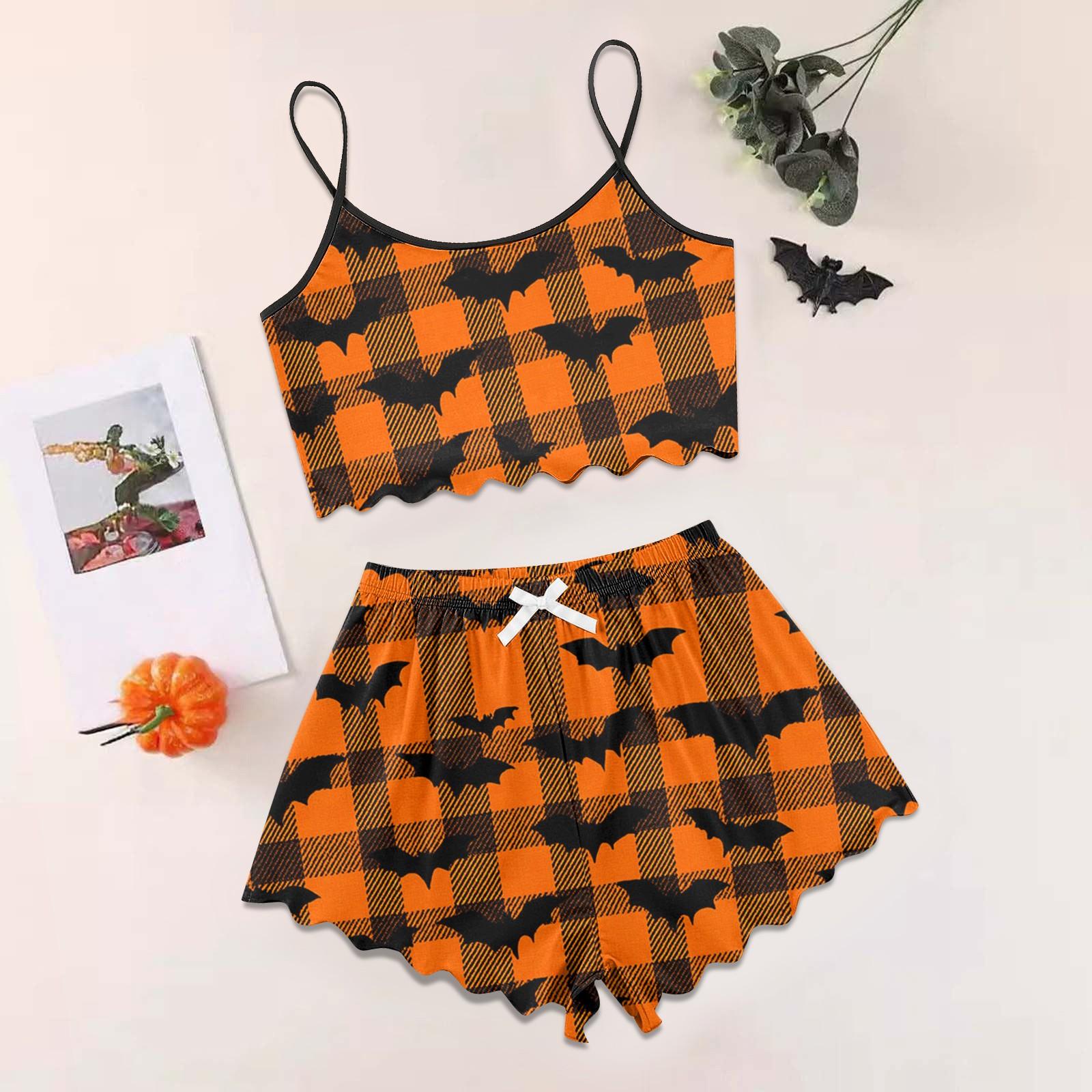 

Women s Halloween Set With Retro Floral Print Suspender Sleeveless Vest Shorts Pajama Set XL шафрановий