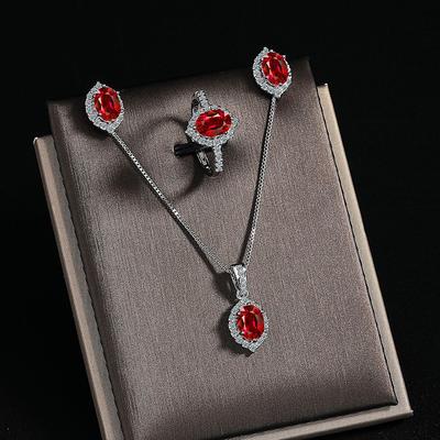 925 Sterling Silver Vintage Diamond Red Zircon Necklace Earrings Ring Set Birthday Anniversary Wedding Party Set Gift