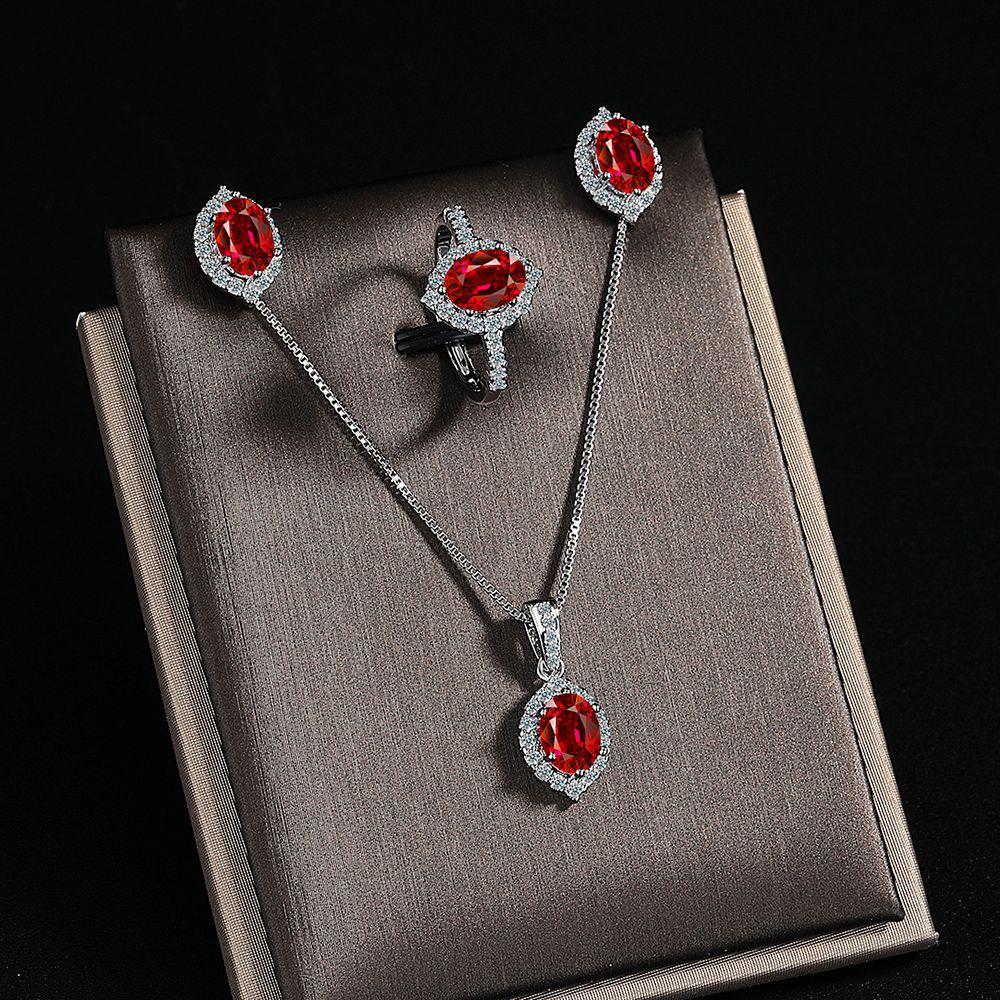 

925 Sterling Silver Set High Quality Gem Necklace Earring Ring Chain Fashion Jewelry For Women Wedding Birthday Gifts resizable