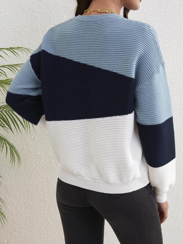 Women's Color Block Patchwork Long Sleeve Knit Sweater - Autumn/Winter Loose Fit, Round Neck.