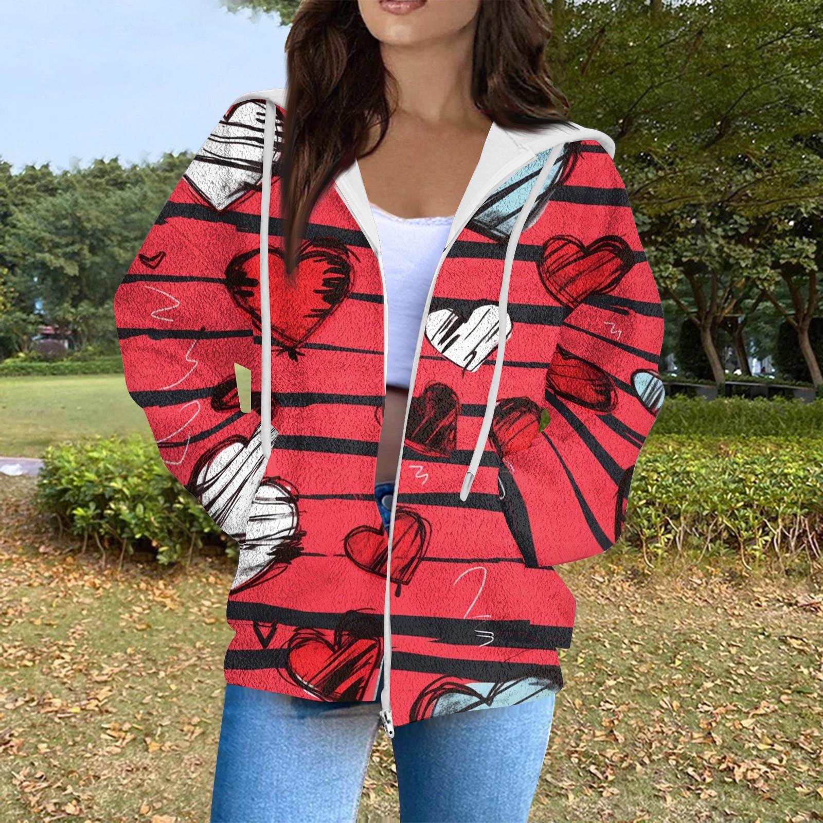 

Жіноча модна повсякденна куртка-джемпер з довгим рукавом і принтом до Дня святого Валентина з кишенею на блискавці M Кіновар