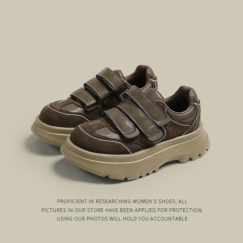Three Retro Leather Velcro Board Shoes Women'S Shoes Autumn And Winter Versatile Muffin Platform Casual Trendy Shoes