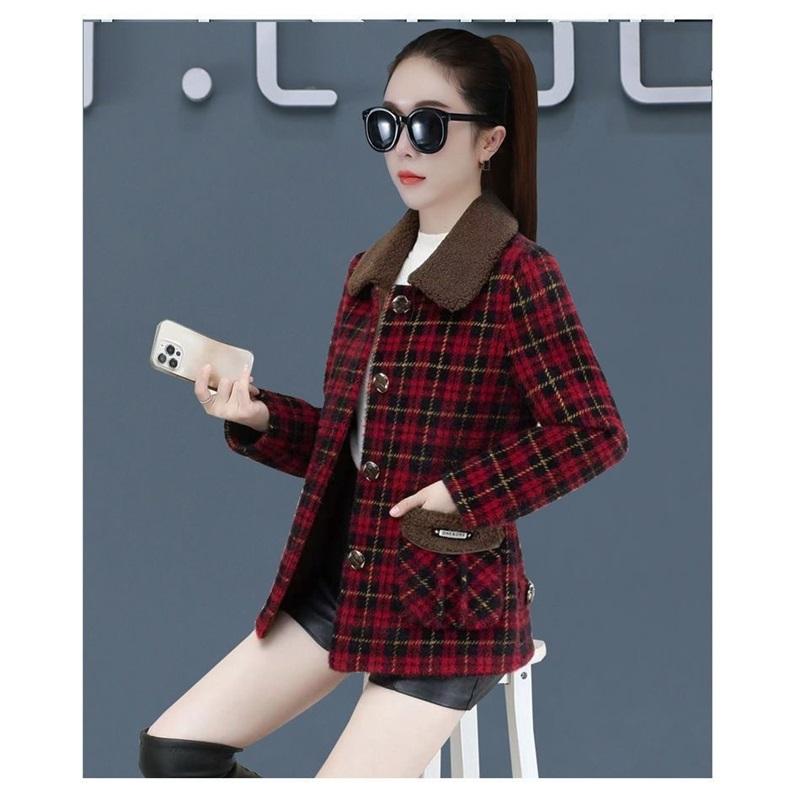 Women's Winter Plaid Woolen Coat With Fleece Lining Casual Lapel Button Jacket