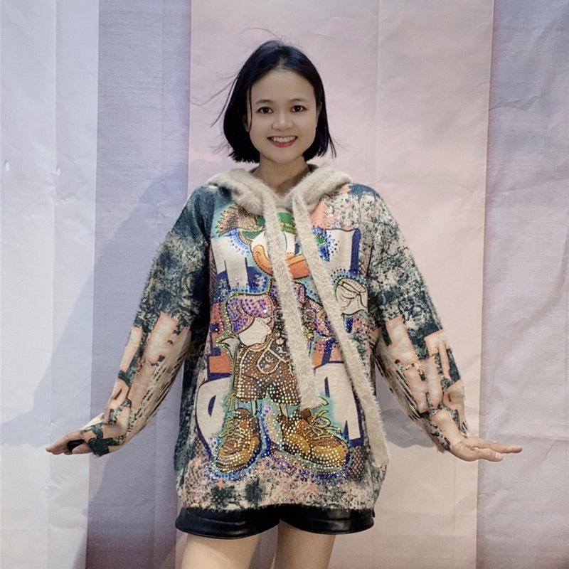 Women's Heavy-Duty Hooded Cartoon Print Sweater, Autumn/Winter 2025, Thickened Loose Knit Top in Lazy Style.