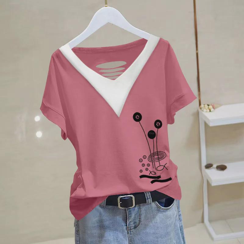 Women's 2024 Summer Cotton V-neck Short-Sleeve Top - Versatile, Loose, Slimming, Plus Size, Chic Korean Style T-shirt