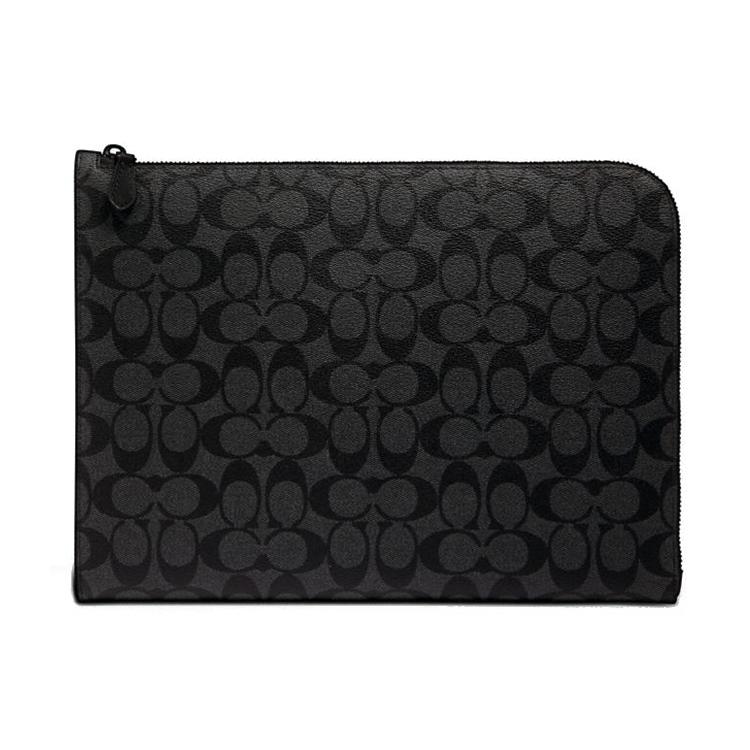 

New COACH L Zip Coated Canvas With Calfskin Laptop Bag Briefcase Zipper Document Folder Clutch Men s Charcoal Black C3144-QBCHR 33.0*2.0*23.6CM