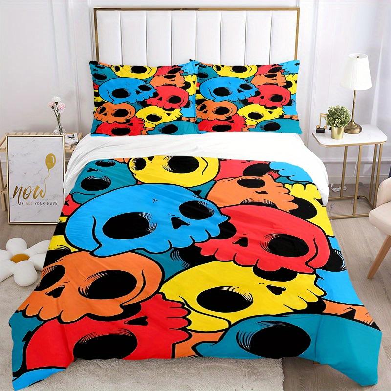 3pcs Colorful Skulls Bedding Set, Ideal for Home Use, Suitable for Bedroom Decor (1*Duvet Cover + 1/2*Pillowcases, No Core) Yy250821198