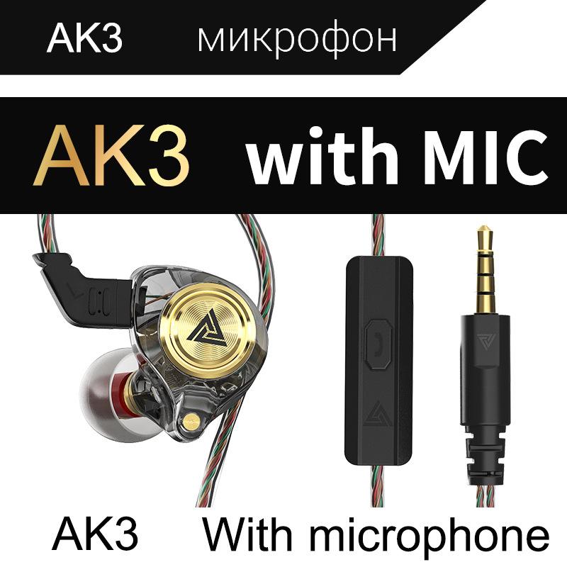 AK3 FiLe Wired Earphone with Microphone HiFi Music Monitor Bass Headphones Noise Cancelling Headset For Sport Gaming Earbuds