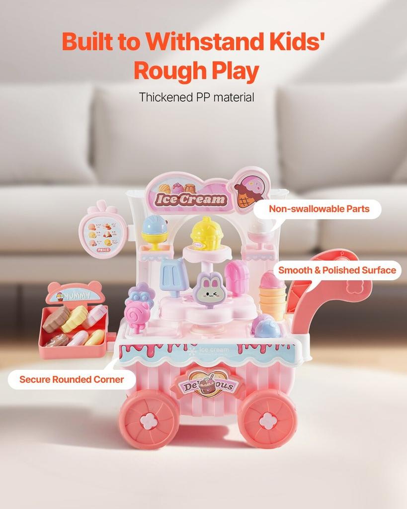 Ice Cream Cart for Kids Pretend Play Ice Cream Shop for Kids Aged 3+ Pink