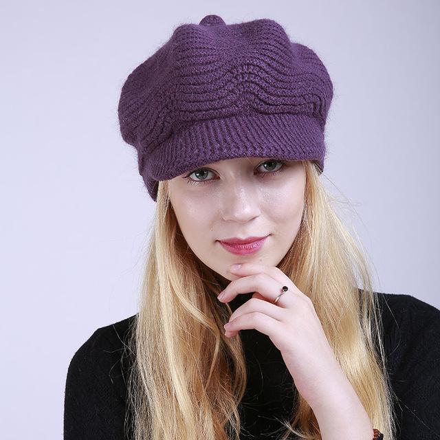 New Pattern Pure Color Cashmere Fashion Keep Warm Ma'am Peaked Cap 2018 Winter Knitting Soft Rabbit Hair Line Cap for Women Girl