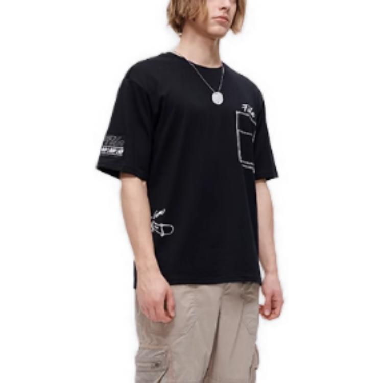 FILA New Pocket Letter Print Casual American Vintage Short Sleeve T-Shirt Men Tops Deep-Black T11M326103A-BK