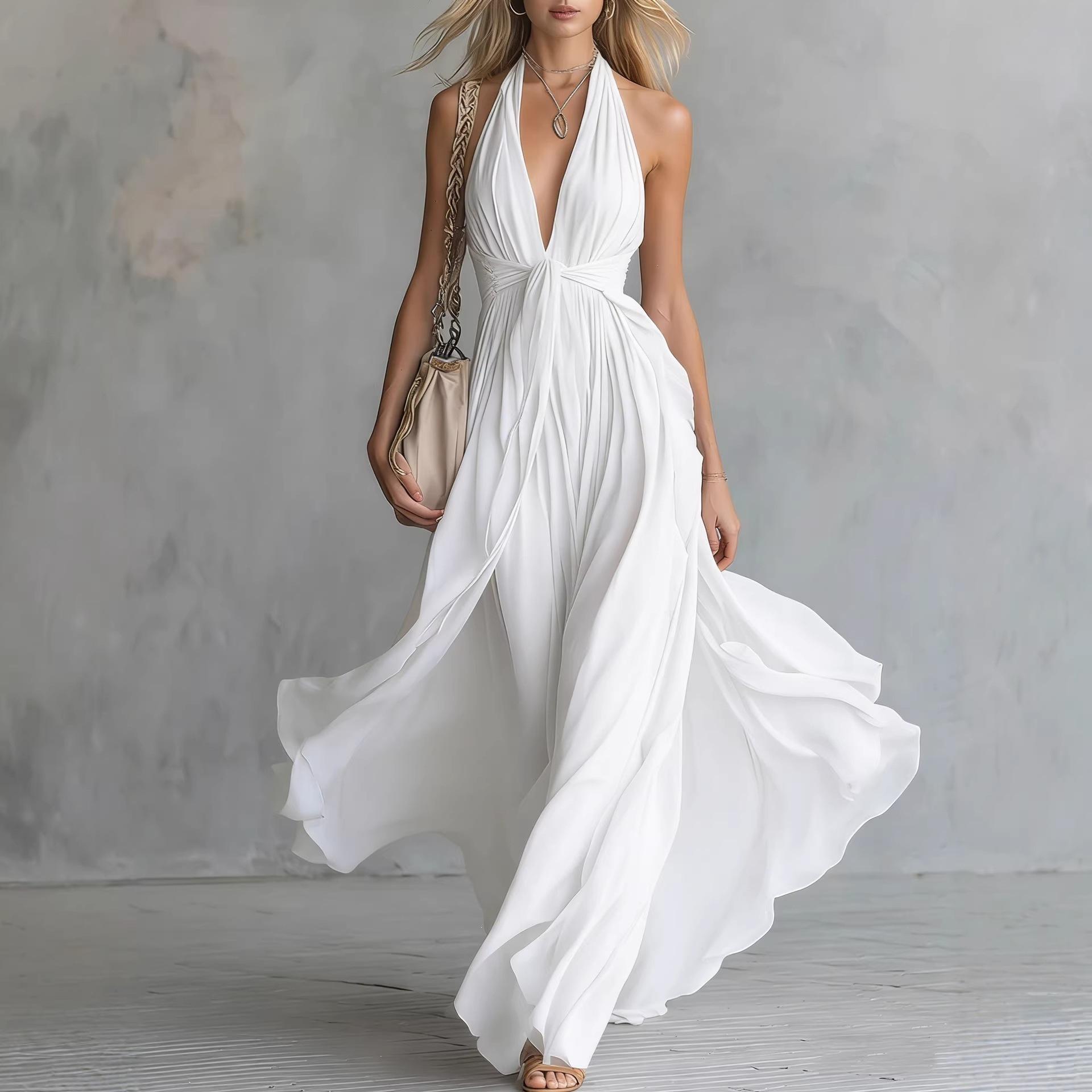 2026 summer neck dress for women, deep V-neck waist sleeveless big pendulum elegant holiday dress S