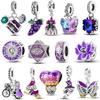 Copper Plated Purple Charms Flower Butterfly Dangle Charm Beads Fit Original Bracelet Diy Pendants