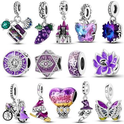 Copper Plated Purple Charms Flower Butterfly Dangle Charm Beads Fit Original Bracelet Diy Pendants