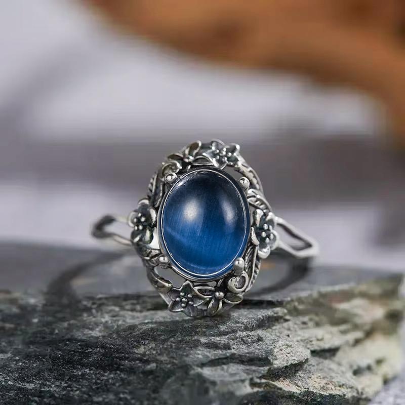 Vintage 925 Silver Ring Irregular Flowers Natural Rose Quartz Punk Ring Bohemian Silver Ring Fine Jewelry For Women