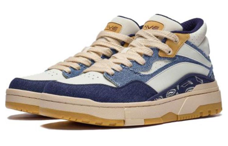 Li Ning Wave MID Cushioning, Wear Resistant Low top Skateboard Shoes Men's Beige White Blue AGCT223-4