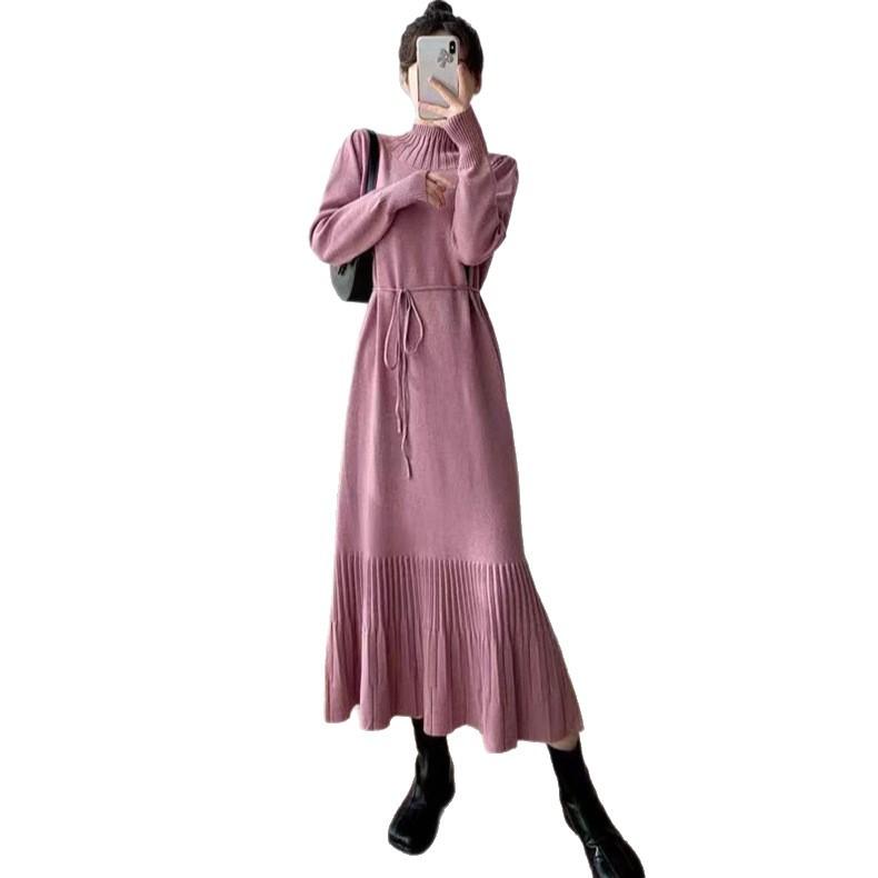 Semi-turtleneck bottoming knitted sweater skirt women's autumn and winter new over-knee long loose large size with coat dress tide