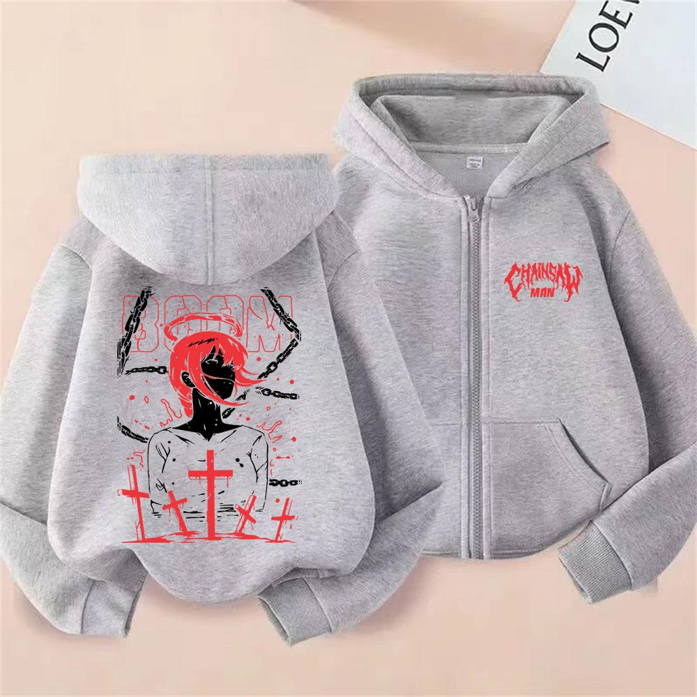 Anime Chainsaw Man Makima Graficzna Bluza z Kapturem na Zamek Męska Damska Moda Vintage Oversize Rozpinana Kurtka Unisex Dla Miłośników Mangi Fanów Prezent