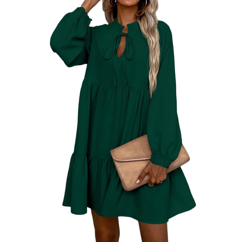 Women's Fall Long Sleeve Maxi Dress V Neck Hollow Out Eyelet A Line Long Casual Party Dresses