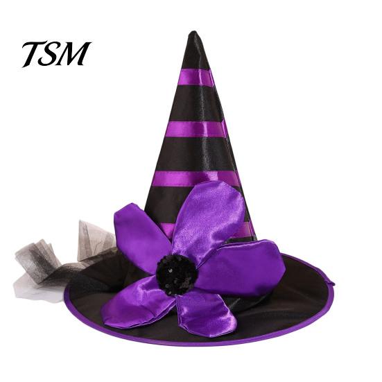 Halloween Costume Hat Witch for Women Girls, Large Striped Wizard Parent Child Festival Photo Props with Flower Accessories, Cosplay, Party Girls