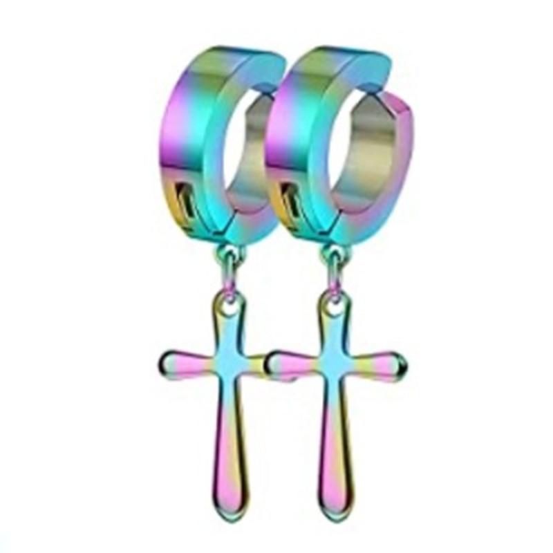 WKOUD 2PCS Stainless Steel No Piercing Cross For Men Kpop Clip On Cross Earring Gothic Punk Fake Ear Cuff Cross Earring Dangle