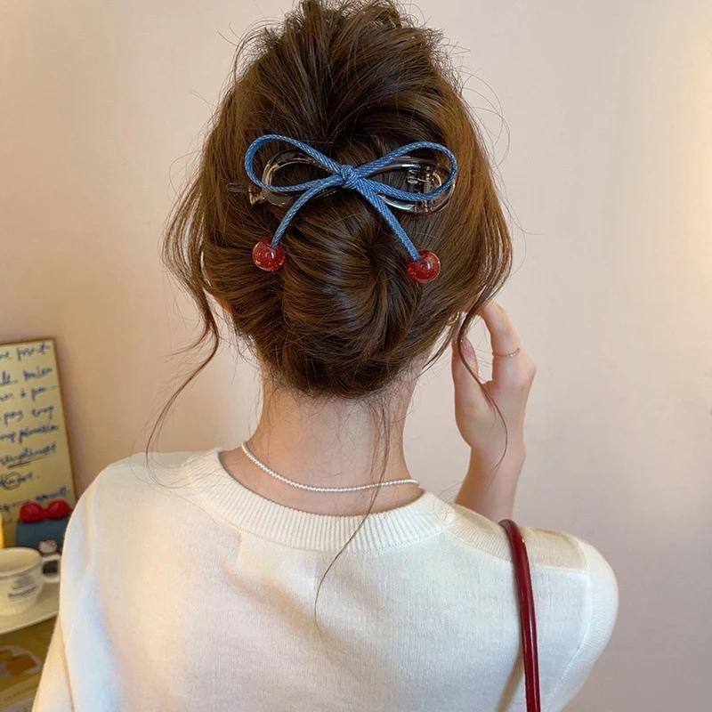 New Denim Bow Cherry Twist Hair Clips for Woman Girl Sweet Exquisite Vintage Long Hair Holder Hairpin Barrette Hair Accessories