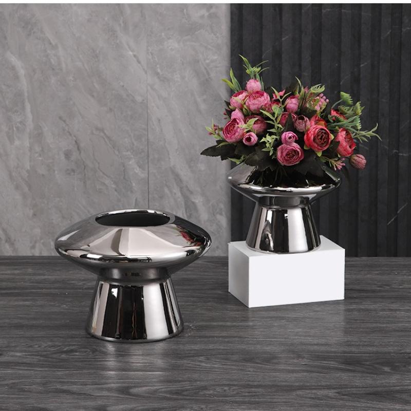Silver Mushroom Ceramic Vase Geometric High-legged Flower Pot Flower Vase Terrarium Flowerpot Home Decoration Accessories