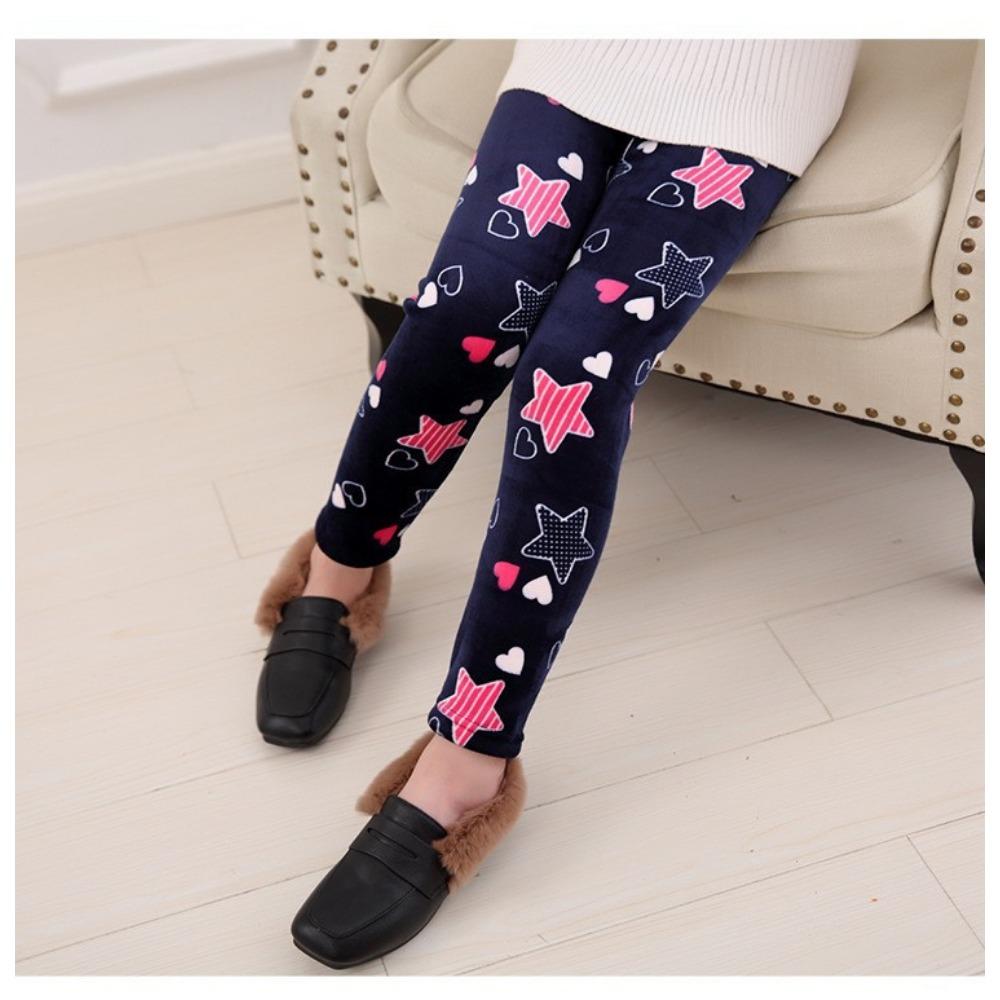 Girls' Fleece-Lined Leggings: Autumn/Winter Children's Printed Slim-Fit Thermal Pants - Outerwear Long Pants