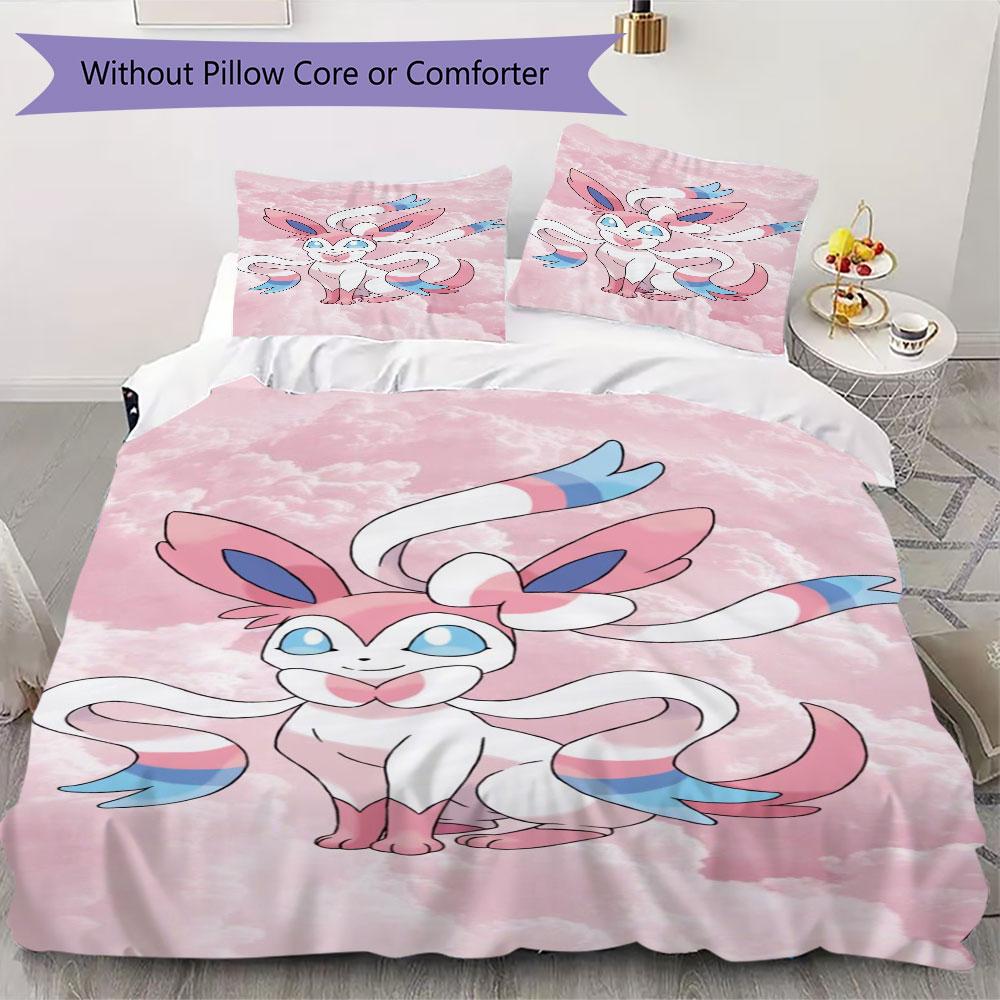 Pink Sylveon Design 3 Piece Bedding Set Cute Pokemon Theme Duvet Cover Pillowcases For Kids Girls Room