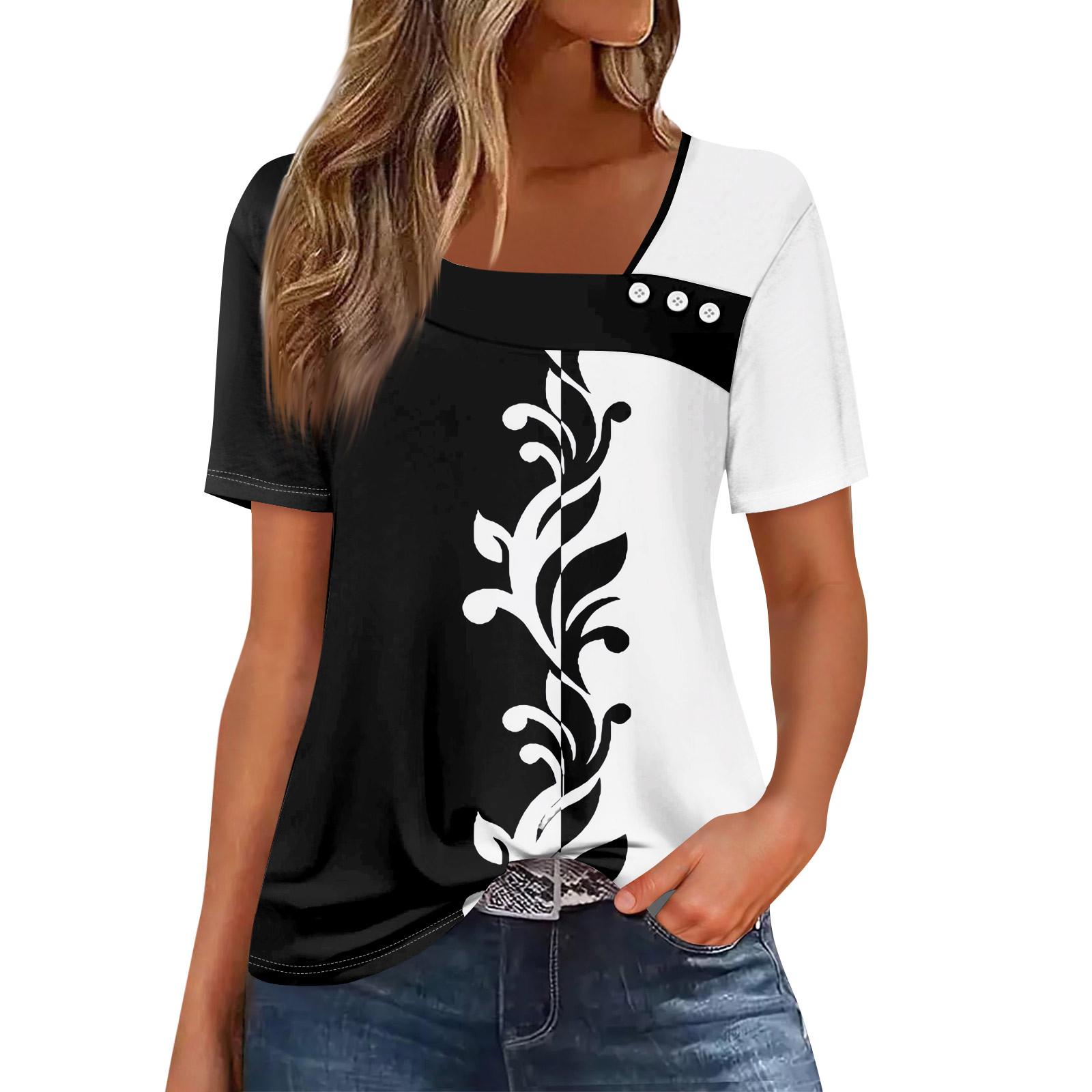 

Женская повседневная футболка с асимметричным вырезом и коротким рукавом, декоративная пуговица L чёрный