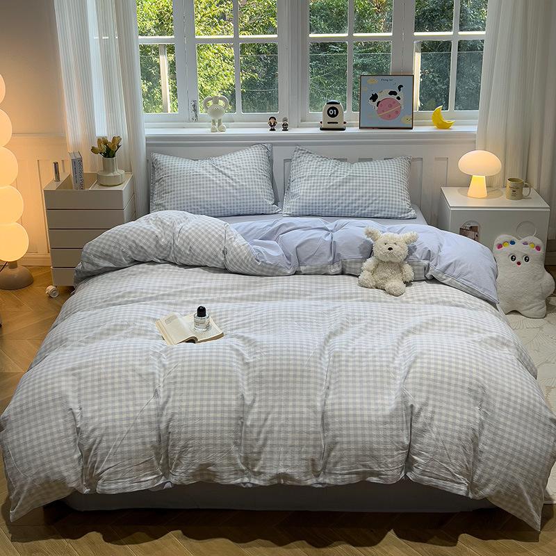 Water Wash Cotton 4 Piece Bedding Set Simple Striped Duvet Cover Bed Sheet Fitted Sheet And Pillow Cases Two Piece Set