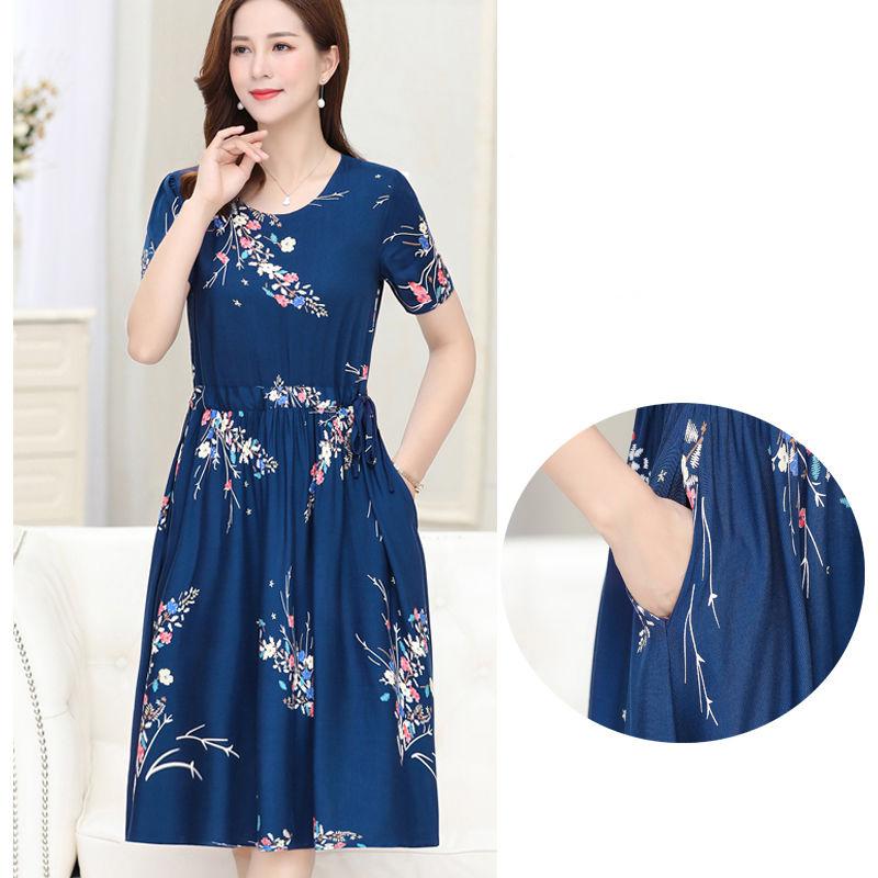 Sommerliches mittellanges, bedrucktes, florales Overknee-Kleid in Übergröße, Rundhalsausschnitt, kurze Ärmel, elastische Taille