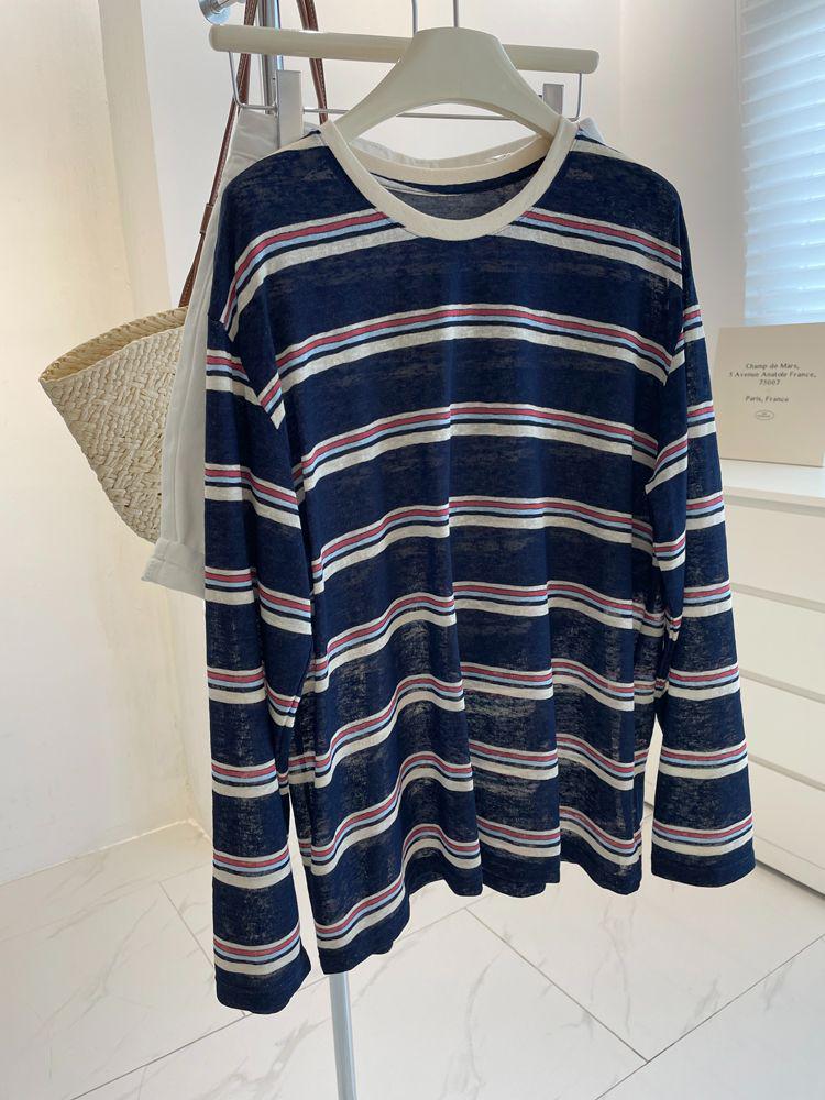 Women's Retro Color Block Stripe Long Sleeve T-shirt, Autumn Loose Fit, Casual Sun Protection Top