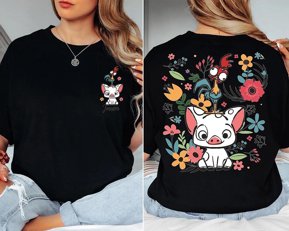 Personalized Floral Moana Shirts Pua And Hei Hei Print Shirt Short Sleeve Y2K Top Casual Daily Trendy Women clothes t shirts