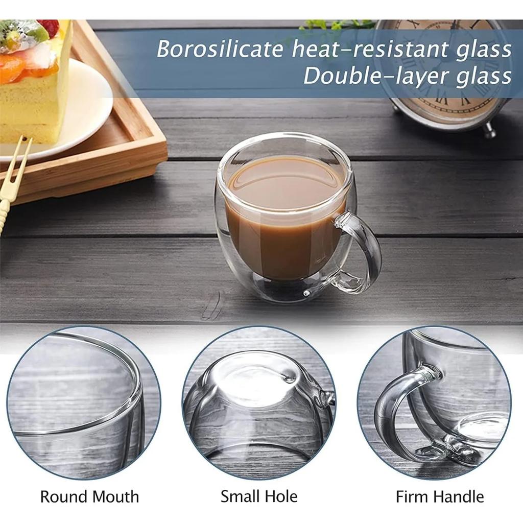 250 ml doppelwandige transparente Kaffeetasse aus Glas mit Griff, doppelschichtige Wärmeisolierung, Hochtemperatur-Saft-Milchtasse