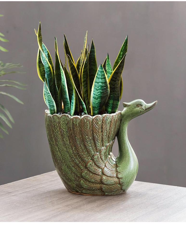 Vintage Green Swan Ceramic Flower Pot with Tray - Breathable Pottery for Orchids and Succulents