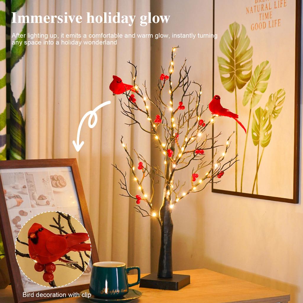 Vintage Glowing Tree with Cardinals with Red Berry and Bird LED Christmas Red Berry Tree Light for Christmas Home Party Wedding