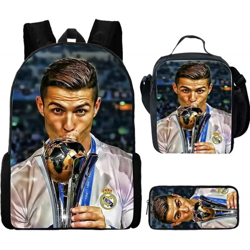 Conjunto de Mochila Escolar Infantil Estampada Cristiano Ronaldo Meninos Meninas 3 Peças Mochila de Tecido Oxford Com Lancheira Estojo