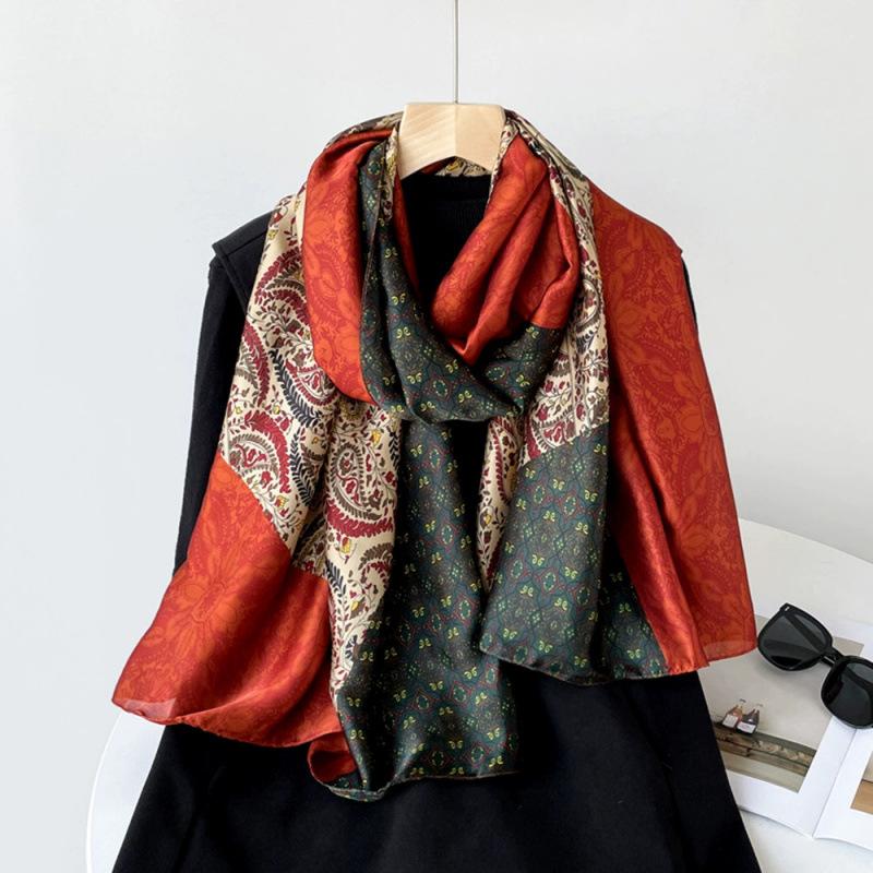Spring and Summer Thin Silk Scarf High-end Printed Long Scarf New Satin Travel Sunscreen Scarf National Style Cloak
